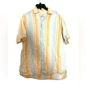 Tommy Bahama Linen Button Down Shirt Short Sleeve Striped White Blue Yellow S